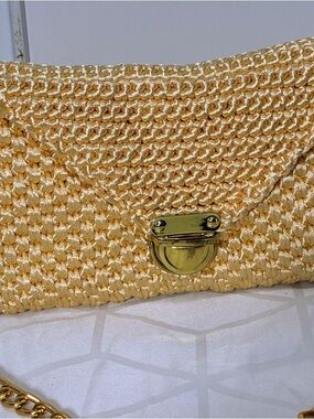 Woven Gold Crossbody Clutch with Chain Strap